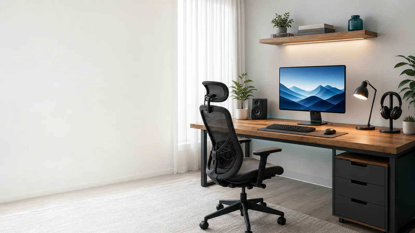 Bright home office with ergonomic chair and productivity equipment