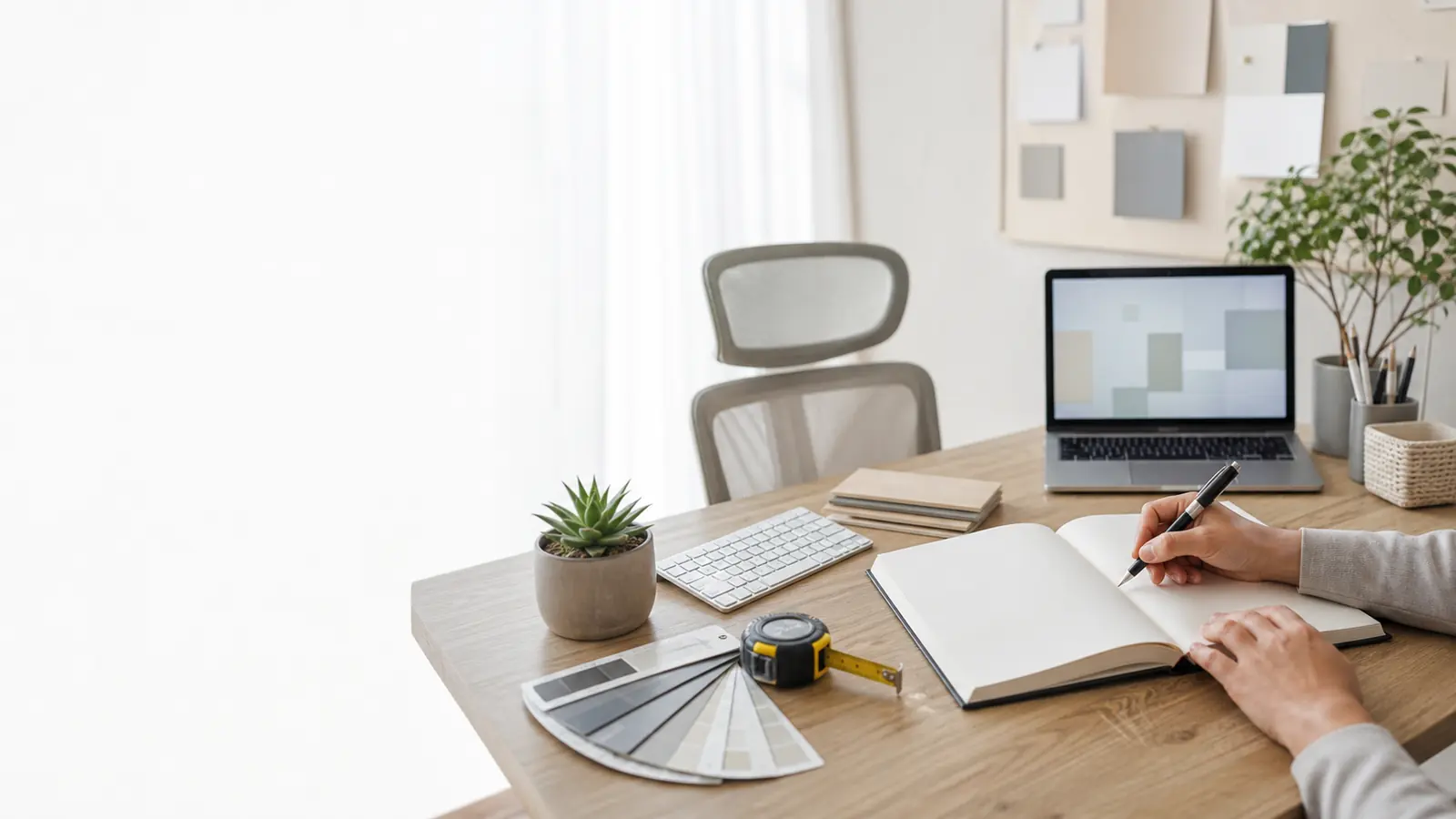 Workspace buying guide research with notes and product samples